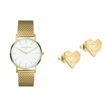 Liebeskind women's analog quartz watch with stainless steel, IP gold-white & women's stud earrings stainless steel LJ-0308-E-11 on sale